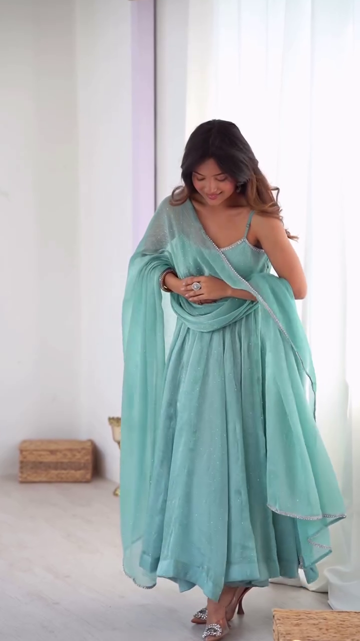 Mint Green Anarkali Dress with Sheer Dupatta – Elegant Festive Ethnic Wear - Image 2
