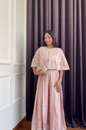 Blush Pink Embroidered Cape Set with Palazzo Pants – Elegant Festive Wear