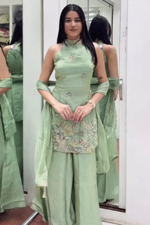 Mint Green Embroidered Halter Kurta Set with Palazzo Pants