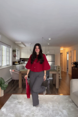 Chic Red Peplum Top with Grey Wide-Leg Trousers – Smart Casual Women’s Outfit Idea