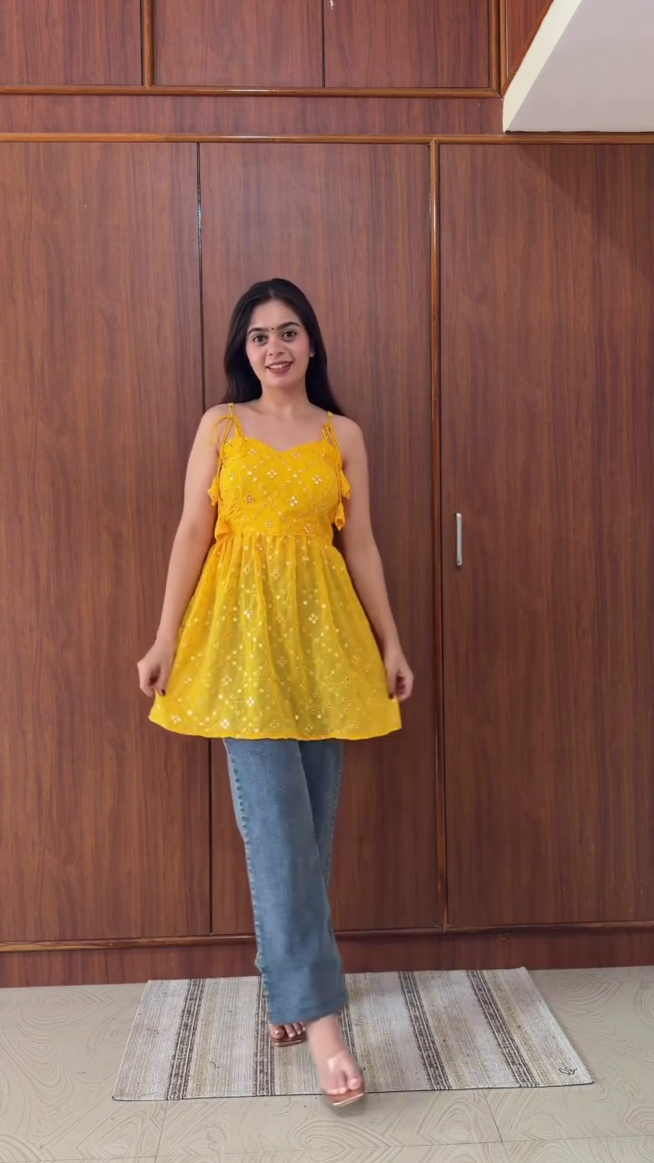 Yellow Embroidered Babydoll Top with Blue Jeans – Bright Casual Summer Outfit for Women