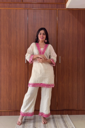 Off-White Cotton Kurta Pant Set with Pink Embroidered Borders – Elegant Ethnic Co-Ord Outfit for Women