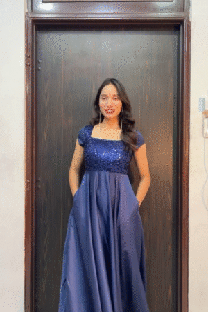 Navy Blue Sequin Bodice Evening Gown with Pockets