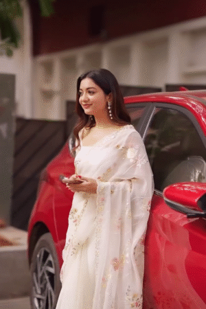 Ivory Floral Embroidered Organza Saree – Elegant Party & Festive Wear