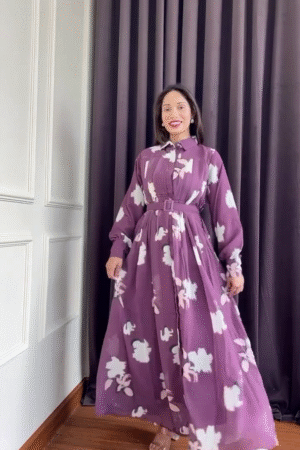 Mauve Floral Maxi Shirt Dress with Belt – Elegant Long Sleeve Flowing Dress