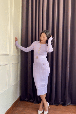 Lavender Ribbed Knit Co-Ord Set – Elegant Long Sleeve Top & Midi Skirt with Belt