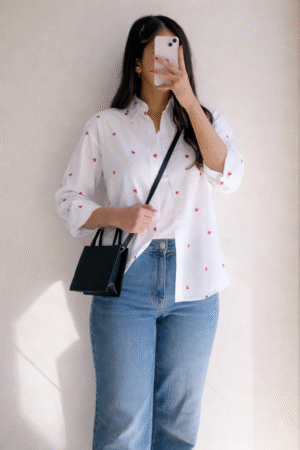 Stylish White Heart Print Shirt – Women’s Casual Button-Down Top