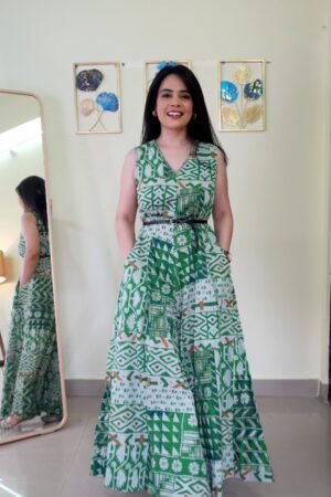 Elegant Green Printed Maxi Dress with Belt – Stylish Ethnic-Inspired Summer Outfit