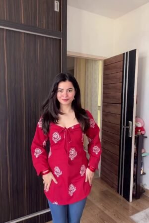 Red Printed Kurti with Pants – Casual Indo-Western Outfit with Desi Vibe