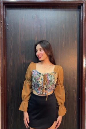 Vintage Floral Corset Style Crop Top with Puff Sleeves – Women’s Boho Tie-Front Blouse