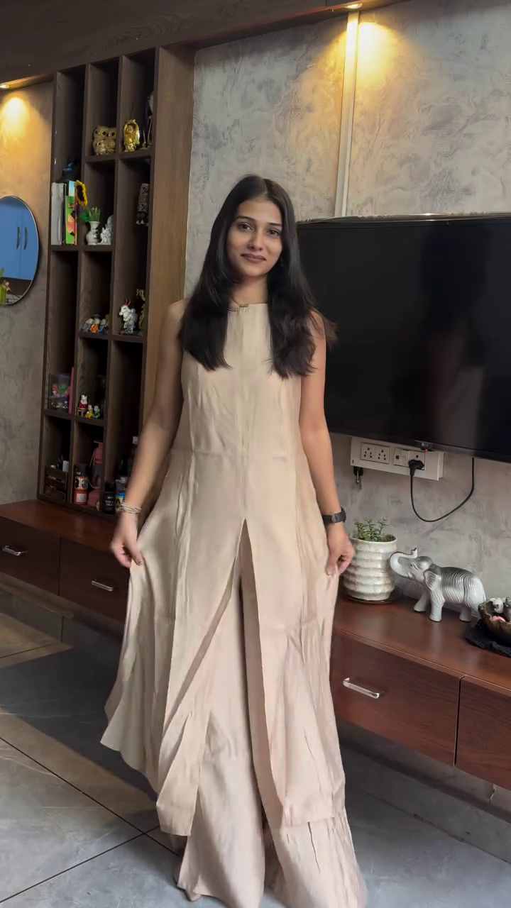 Elegant Beige Kurta Set for Women | Stylish Long Kurta with Palazzo Pants