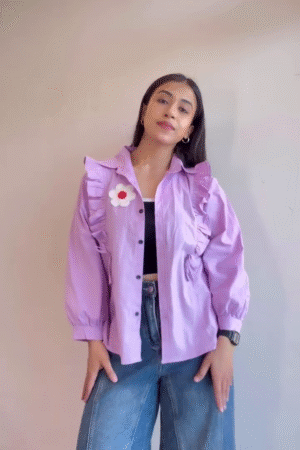 Women’s Lavender Ruffle Detail Shirt – Stylish Puff Sleeve Casual Top