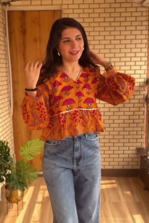 Women’s Boho Printed Peplum Top | Mustard Floral Casual Blouse with Puff Sleeves