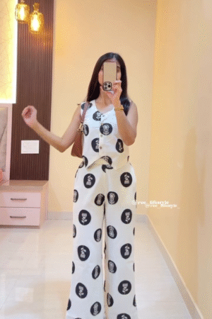 Trendy White Co-Ord Set with Black Prints | Stylish Sleeveless Top & Wide-Leg Pants for Women