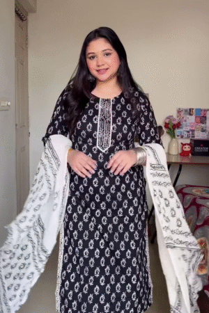 Elegant Black & White Printed Kurta Set with Dupatta | Ethnic Wear for Women